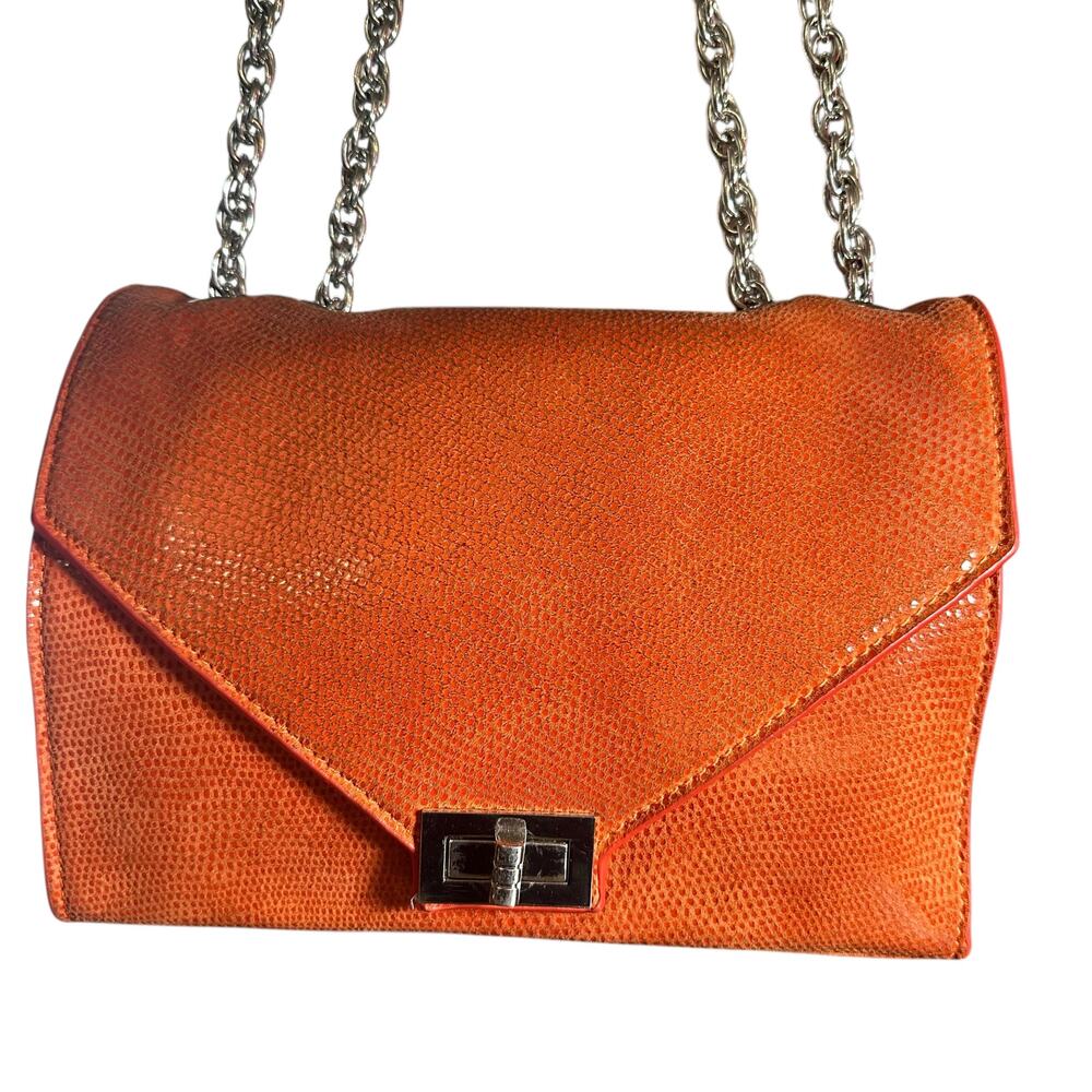 Chez Fine Leather Goods Orange Textured Leather Chain Crossbody Bag Rare